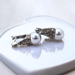 Gray Pearl-Marcasite Stone Silver Earring