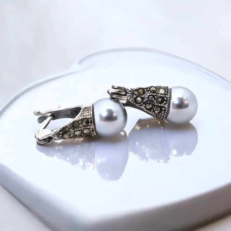 Gray Pearl-Marcasite Stone Silver Earring