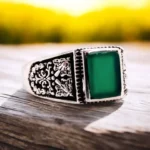 Green aqeeq silver ring